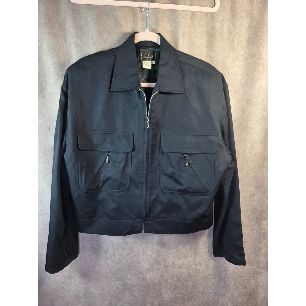 Kenar Studio Vintage Navy Blue Rayon Cropped Zip Up Utility Jacket Womens Medium